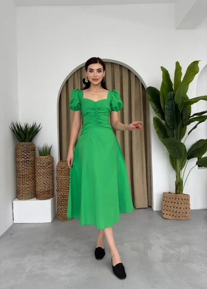 Kare Yaka Düğmeli Elbise - Resim 4