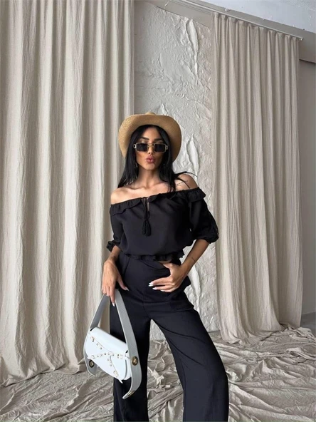 KETEN MADONNA YAKA KOL HASIR ŞERİT - PANTOLON TAKIM - Siyah ürün görseli