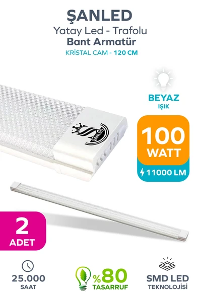 100Wat 120 cm KRİSTAL Yatay LED Bant Armatür-Trafolu Beyaz Işık 2 Adet