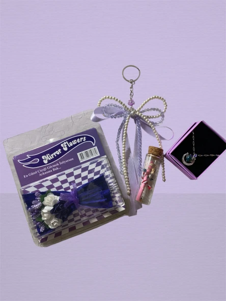 Lila Rüya Hediye Kutusu - Mavi Taşlı Kolye, İnci Detay ve Yeşil Çay İçerikli Zarif Kadın Hediye Seti - 4