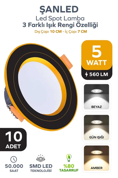 5W 3 Renkli (Beyaz,Günışığı,Amber) Siyah Gold Kasa Led Spot Lamba 10 Adet ürün görseli