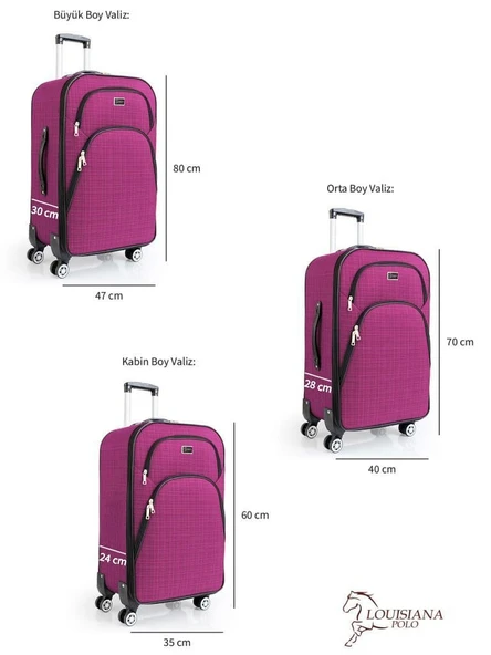 3'lü Valiz Seti 4 Teker Kumaş Valiz Pembe 1081 - Resim 3