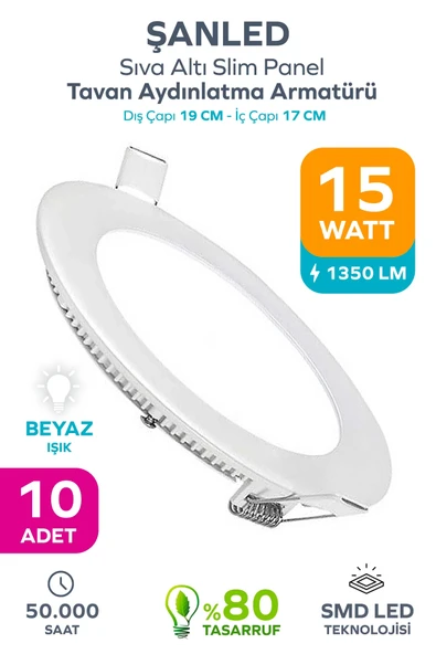 15w Tasarruflu Led Yuvarlak Beyaz Işık Sıva Altı Slim Panel Tavan Aydınlatma Armatürü 10 Adet