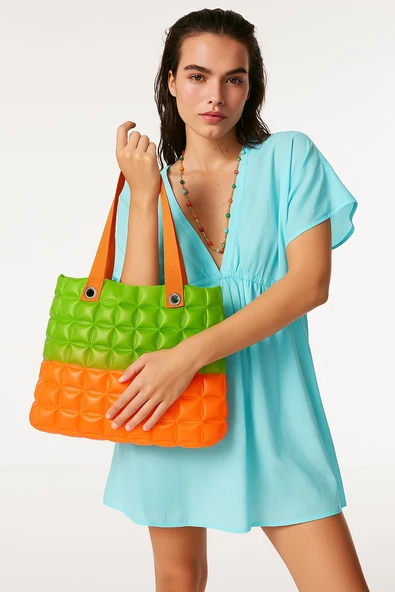 B.Y. Trend Kadın Plaj Çantası Turuncu Yeşil Şişme Omuz Çanta Br03 - Resim 2