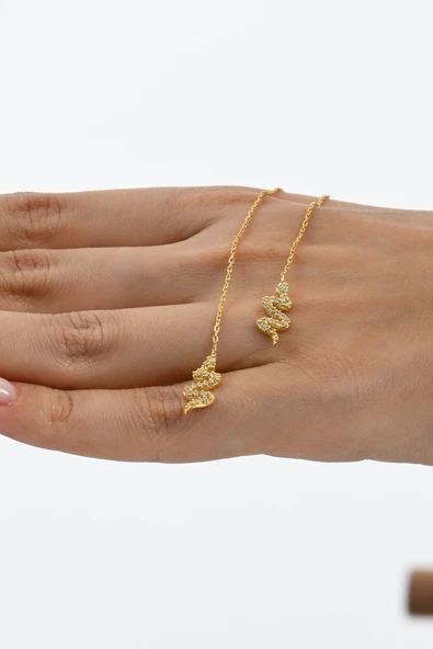Gümüş altın yaldızlı zirkon taşlı yılan figürlü zincir küpe SGTL13034GOLD - Resim 4