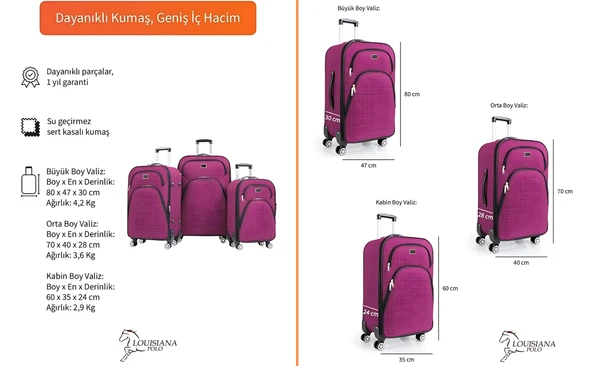 3'lü Valiz Seti 4 Teker Kumaş Valiz Pembe 1081 - Resim 9