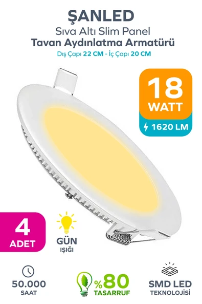 18w Tasarruflu Led Yuvarlak Gün Işığı Sıva Altı Slim Panel Tavan Aydınlatma Armatürü 4 Adet ürün görseli