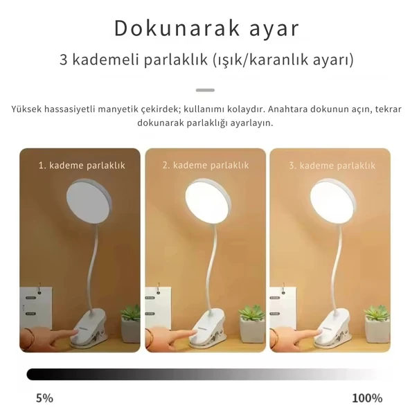 ShopyTech Klipsli LED Masa Lambası USB Şarjlı 3 Kademeli Dokunmatik Göz Yormaz Işık (4000 mAh) - 3