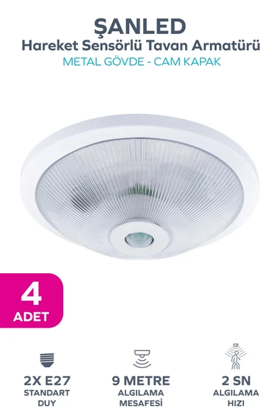 Sensörlü Tavan 360° Hareket Sensörlü Tavan Armatürü Çift duylu Lamba Glop 4 Adet