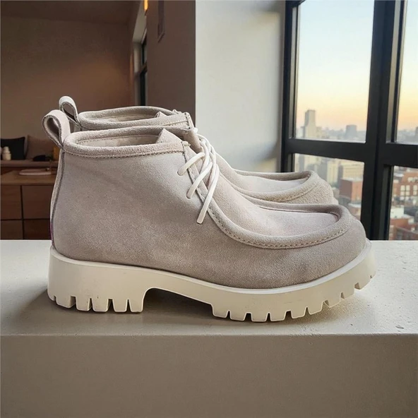 Bej Hakiki Deri Süet Bağcıklı Bot ürün görseli 1