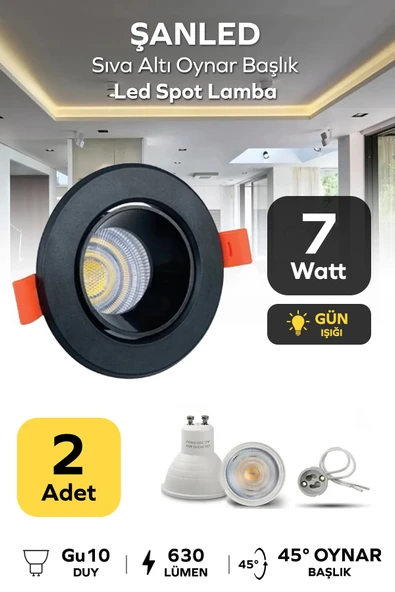 7w Sıva Altı Oynar Başlık Gu10 Yuvarlak Siyah Kasa Gün Işığı Led Spot Lamba 2 Adet ürün görseli