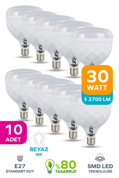 30W KRİSTAL Tasarruflu E27 Beyaz Işık Torch Led Ampul 10 Adet