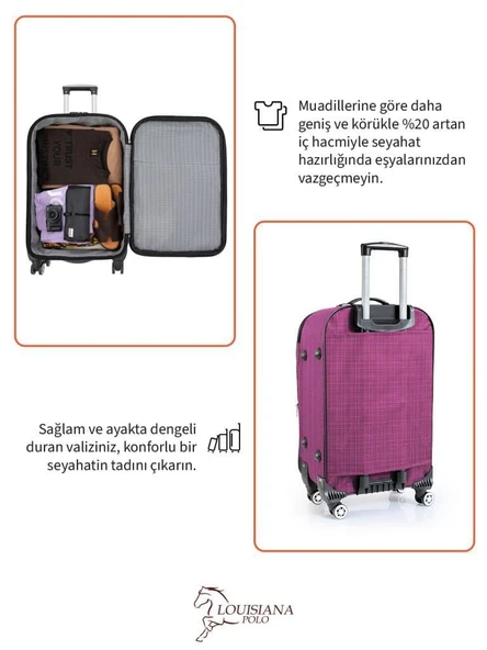 Orta ve Kabin Boy Valiz Seti 4 Teker Kumaş Valiz Pembe 1081 - Resim 8