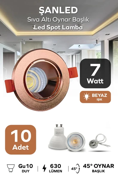 7w Sıva Altı Oynar Başlık Gu10 Yuvarlak Bakır Kasa Beyaz Işık Led Spot Lamba 10 Adet