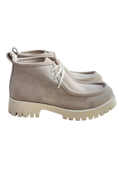 Bej Hakiki Deri Süet Bağcıklı Bot - Resim 3