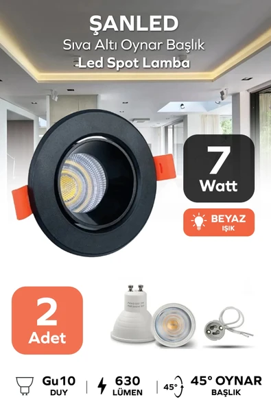 7w Sıva Altı Oynar Başlık Gu10 Yuvarlak Siyah Kasa Beyaz Işık Led Spot Lamba 2 Adet ürün görseli