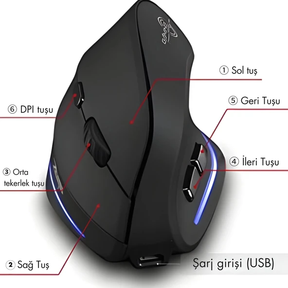 ShopyTech Zelotes F35 Dikey Kablosuz Mouse Ergonomik Şarjlı 2.4G 1000/1600/2400 DPI 6 Tuş - 8