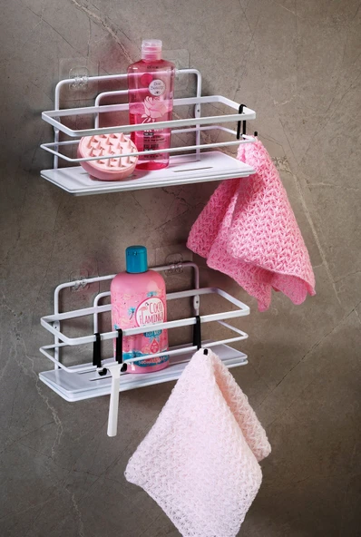 2’li Beyaz Yapışkanlı Ayarlanabilir Banyo Rafı, Paslanmaz Kristal Şampuanlık, (Yapıştır/Vidala) LŞ-01 - BB - Resim 5