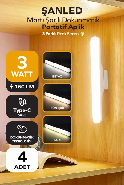 Şarjlı Mıknatıslı Işık Micro Usb Kablosuz Led 3 Farklı Işık Martı Aplik 4 Adet