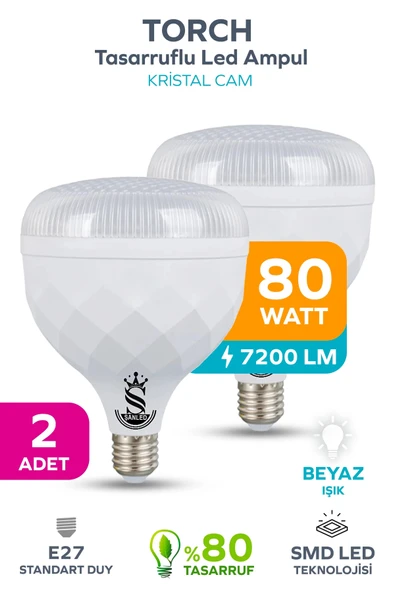 80W KRİSTAL Tasarruflu E27 Beyaz Işık Torch Led Ampul 2 Adet