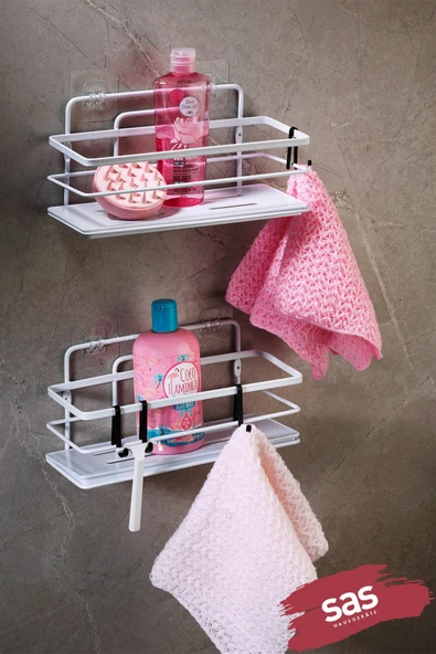 2’li Beyaz Yapışkanlı Ayarlanabilir Banyo Rafı, Paslanmaz Kristal Şampuanlık, (Yapıştır/Vidala) LŞ-01 - BB ürün görseli