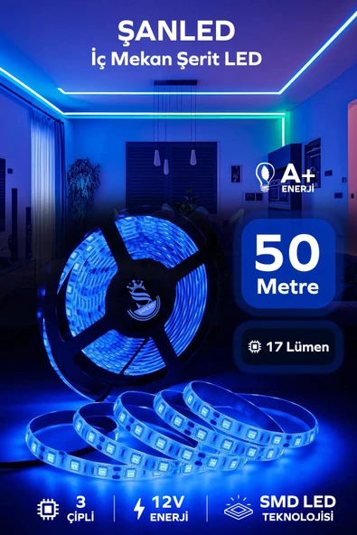 3 Çipli Iç Mekan Mavi Şerit Led 50 Metre