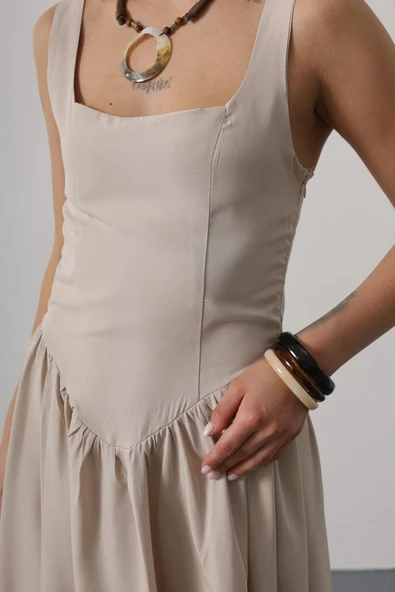 Askılı Uzun Elbise - Taş - Resim 4