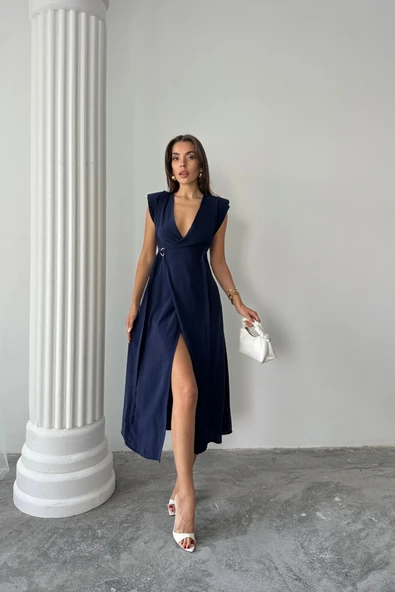 KRUVAZE VATKALI KOLSUZ ELBİSE MODAL KUMAŞ - Lacivert - Resim 4