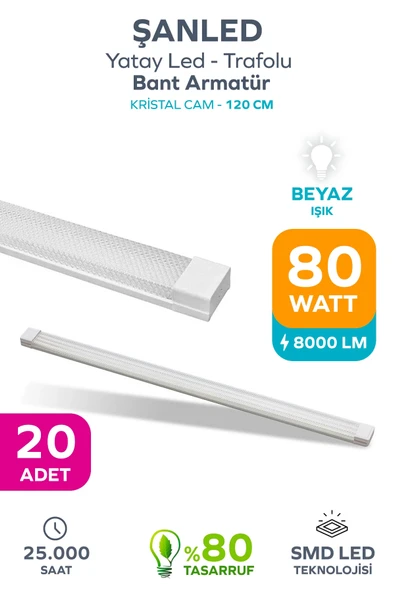 80W 120 Cm KRİSTAL Yatay LED Bant Armatür-Trafolu Beyaz Işık 20 Adet