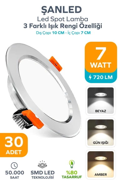 3 Renkli Beyaz Gün Işığı İkisi Bir Arada 7w Led Spot Lamba 30 Adet ürün görseli