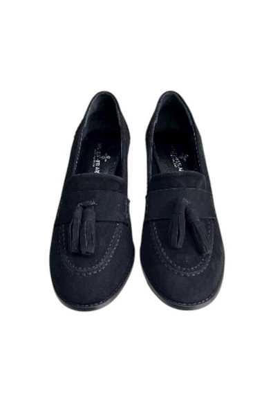 Siyah Hakiki Deri Süet Püskül Detay Topuklu Ayakkabı - Resim 2