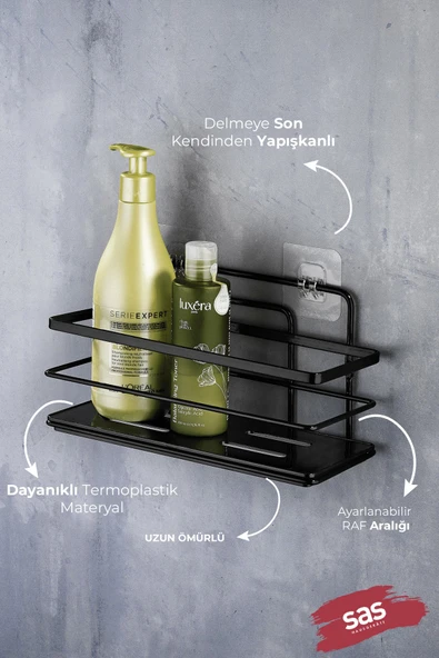 2’li Siyah Yapışkanlı Ayarlanabilir Banyo Rafı, Paslanmaz Kristal Şampuanlık (Yapıştır/Vidala) LŞ-01 - SS - Resim 2
