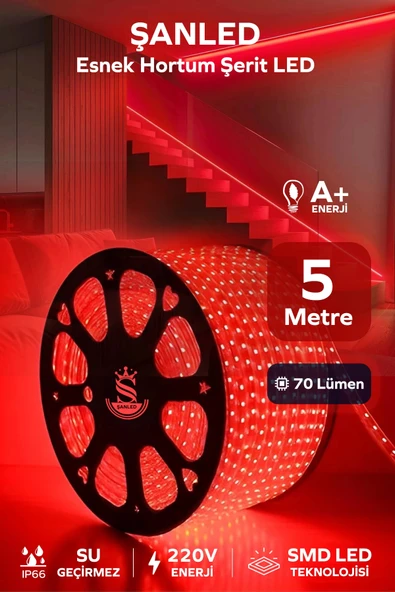 Hortum Esnek 220V Şerit Led Kırmızı 5 Metre ürün görseli 1