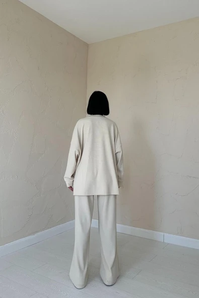 Bej Klasik Fitilli Kazak Ve Pantolon Takım - 4