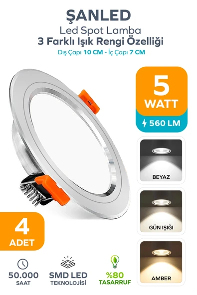 5W 3 Renkli (Beyaz, Gün Işığı, Amber) Beyaz Krom Kasa Led Spot Lamba 4 Adet ürün görseli