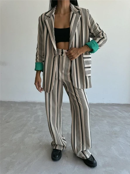 OTTOMAN ÇİZGİLİ CEKET-PANTOLON TK - Bej - Resim 2