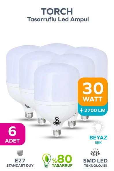 30w Tasarruflu E27 Beyaz Işık Torch Led Ampul 6 Adet