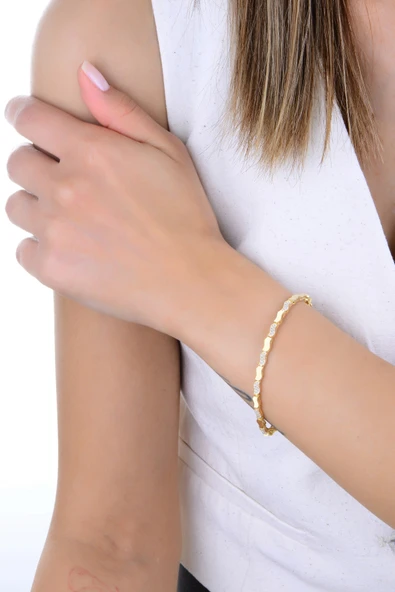 Gümüş altın yaldızlı zirkon taşlı dalgalı ışıltılı bileklik SGTL12895GOLD - Resim 2