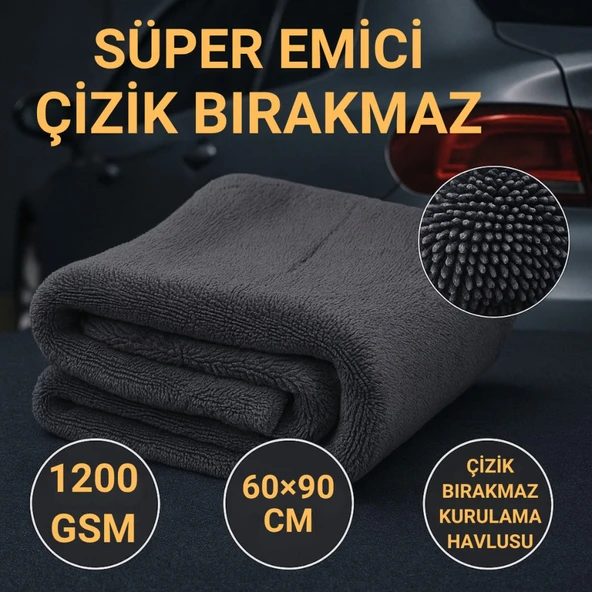 Polham XL 60X90CM 1200GSM Süper Su Emici Özellikli Mikrofiber Araç Kurulama Havlusu, Çizik ve İz Bırakmaz Bez ürün görseli