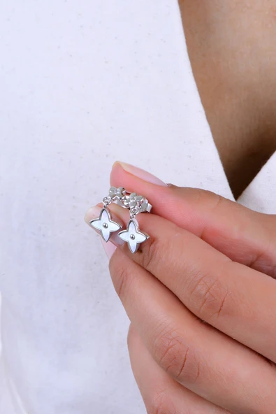 Gümüş rodyumlu sedef ve zirkon taşlı çiftli sallantılı yonca küpe SGTL13019RODAJ - Resim 2