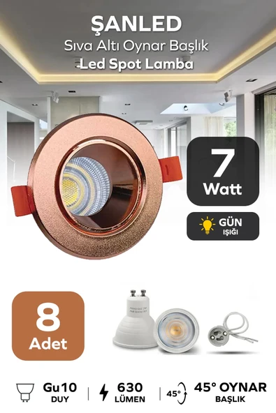 7w Sıva Altı Oynar Başlık Gu10 Yuvarlak Bakır Kasa Gün Işığı Led Spot Lamba 8 Adet ürün görseli