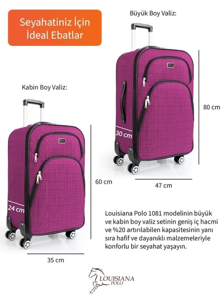 Büyük ve Kabin Boy Valiz Seti 4 Teker Kumaş Valiz Pembe 1081 - Resim 4