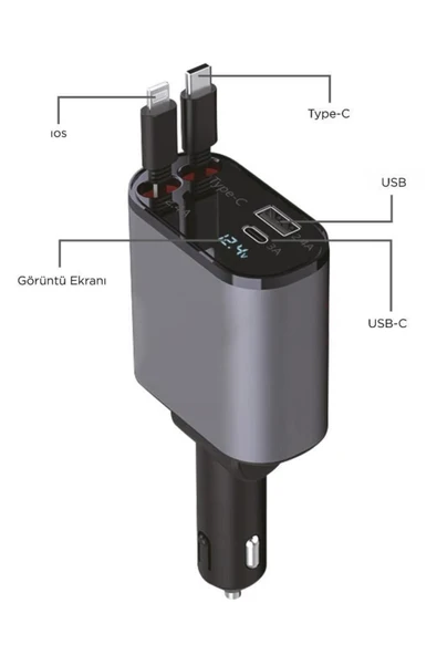 TORİMA G16 120W Süper Hızlı Araç Şarjı, Entegre Type-C ve Lightning Kablo - 2