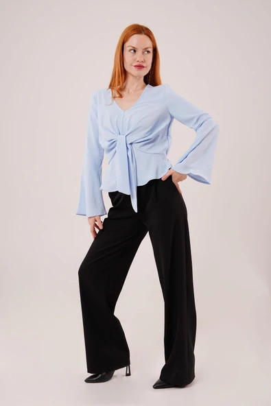 Ön Bağlamalı Volan Kol Bebe Mavisi Bluz - Resim 2