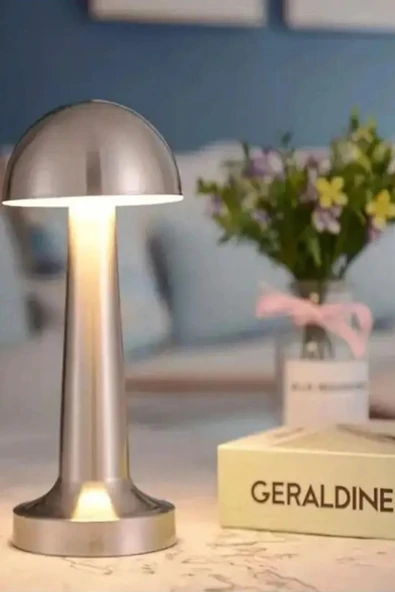 Krom Renk Şarjlı LED Masa Lambası Type-C Girişli Dokunmatik 3 Işık Modlu Gece Aydınlatması - 3