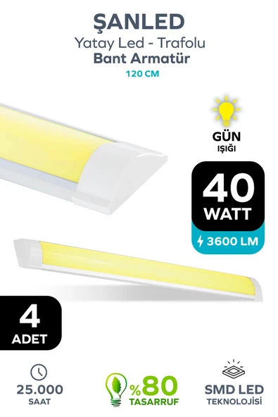 120 Cm 40 Watt Yatay Led Bant Armatür-trafolu Gün Işığı 4 Adet