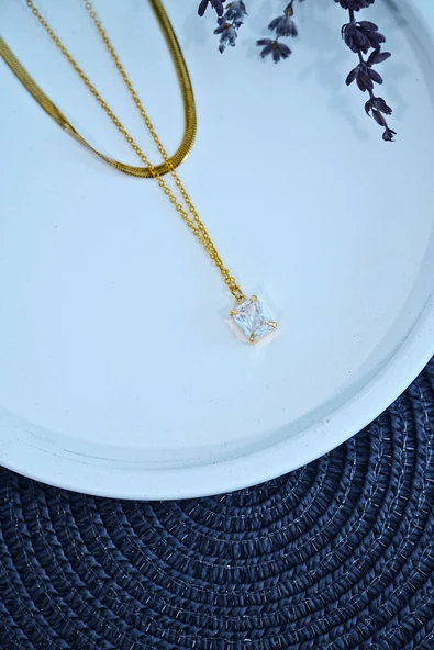 Baget Taşlı Altın Renk İtalyan Bakla Zincirli Kadın Çelik Kolye - Lisinya - 2