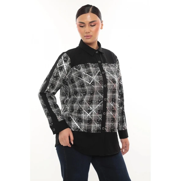 Şık Ekose Detaylı Uzun Kollu Büyük Beden Kadın Gömlek ürün görseli