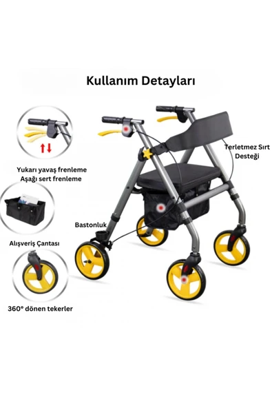 POYLİN Ekonomik Rollatör | Katlanabilir Yapı, Oturma Alanı, Frenli Tekerlekli P581 - 5