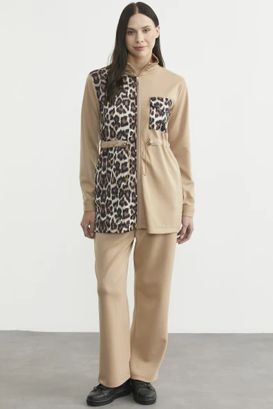 Leopar Kombinli Scuba Tunik Eşofman Takım - Bej ürün görseli 1